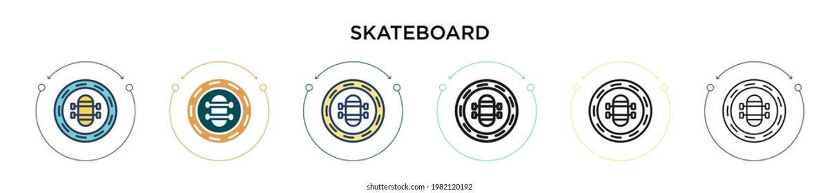 Skateboard icon in filled, thin line, outline and stroke style. Vector illustration of two colored and black skateboard vector icons designs can be used for mobile, ui, web