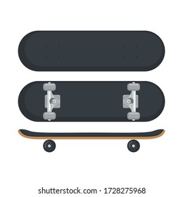 Skateboard icon in flat style isolated on white background. Top and side view. Vector illustration.