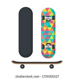 Skateboard icon in flat style isolated on white background. Top and side view. Vector illustration.