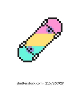 Skateboard icon in pixel art design isolated on white background