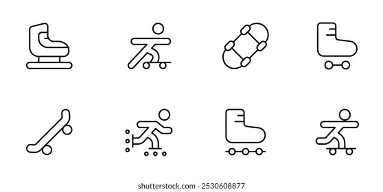 Icono de monopatín, ícono de patines, diseño de conjunto de Vectores con trazo editable. Línea, sólido, línea plana, estilo delgado y conveniente para la página del Web, App móvil, UI, diseño de UX.