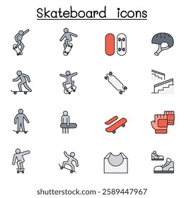 Skateboard icon set in color line style