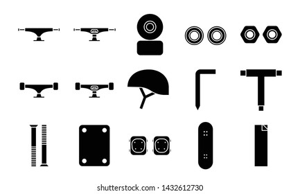 Skateboard icon set. skateboarding tool icon.  parts glyph icon.