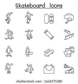 Skateboard icon set in thin line style