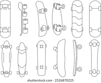Skateboard icon set for T-Shirt design. Thin line art editable stroke.