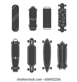 Skateboard icon set. Vector various skate deck in outline design. Skateboarding desks shapes collection. Classic skateboard, longboard, waveboard and more.