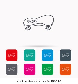 Skateboard icon. Skating sport sign. Skate with wheels symbol. Linear icons in squares on white background. Flat web symbols. Vector
