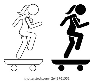 Skateboard icon with woman. Person riding a skateboard with confidence. Side modern skateboard icon fill and outline vector illustration website graphic design. Vector illustration.