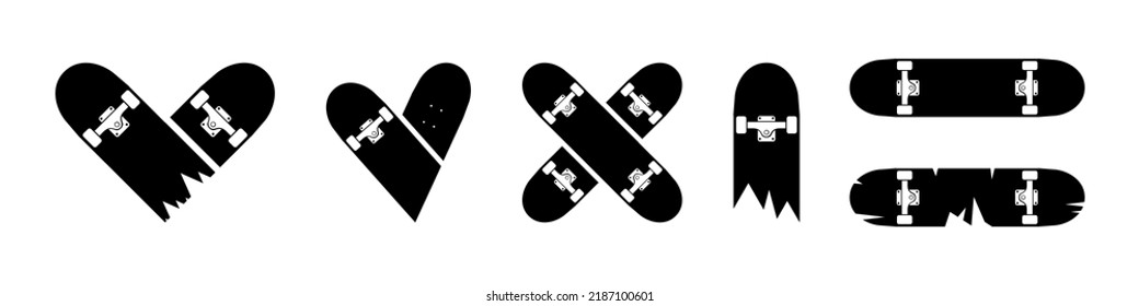 Iconos o logotipo de patineta. Patinaje roto, patinaje al corazón, patinaje a traves. Vector aislado sobre fondo blanco.