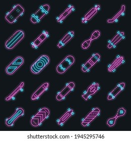 Iconos de patineta. Conjunto de esquemas de iconos vectoriales de skateboard color de neón en negro
