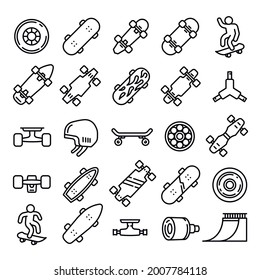 Iconos de patineta. Conjunto de esquemas de iconos vectoriales de skateboard para diseño web aislado en fondo blanco