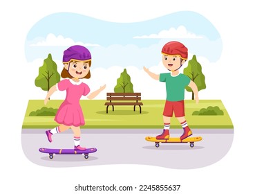 Skateboard Illustration with Kids Skateboarders Jump using Board on Springboard in Skatepark in Extreme Sport Flat Style Cartoon Hand Drawn Templates