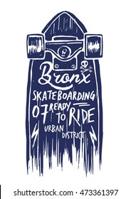 Skateboard illustration with lettering, t-shirt graphics, vectors