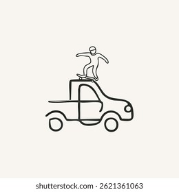 skateboard illustration for logo or tattoo. Mix of skateboard poses and other elements, elegant skateboard elements. Minimal line art drawing for print, cover or wallpaper