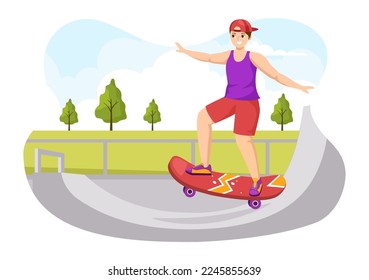 Skateboard Illustration with Skateboarders Jump using Board on Springboard in Skatepark in Extreme Sport Flat Style Cartoon Hand Drawn Templates