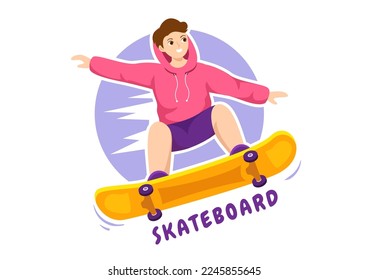 Skateboard Illustration with Skateboarders Jump using Board on Springboard in Skatepark in Extreme Sport Flat Style Cartoon Hand Drawn Templates