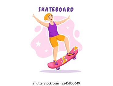 Skateboard Illustration with Skateboarders Jump using Board on Springboard in Skatepark in Extreme Sport Flat Style Cartoon Hand Drawn Templates