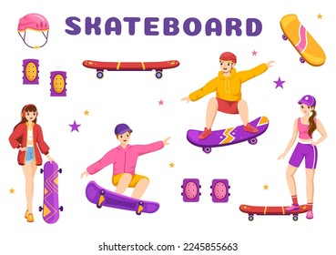 Skateboard Illustration with Skateboarders Jump using Board on Springboard in Skatepark in Extreme Sport Flat Style Cartoon Hand Drawn Templates