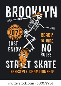 Skateboard illustration with skeleton, t-shirt graphics, vectors