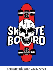 SKATEBOARD ILLUSTRATION, SKULL AND TEXT