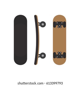 Skateboard image on three sides. Top view from the bottom and side of the skateboard. Vector illustration.