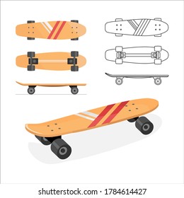 Skateboard image, projection set. Vector stock illustration. Isolated on white background. Flat design.