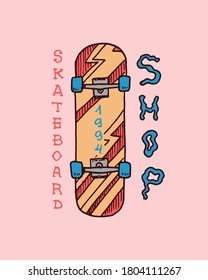 Skateboard Label for typography. Vintage retro ride on the boards concept. Template for t-shirt and logo. Hand Drawn engraved sketch for shop, skate club or tattoo.