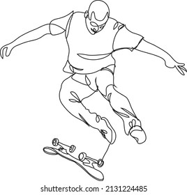 Skateboard line drawing vector, man play skateboard.