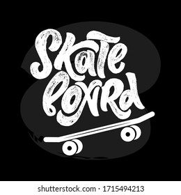 Skateboard logo with symbol of sport equipment on black chalkboard. Hand modern lettering logotype. Texture sketch word. Sticker, print, poster. Vector phrase. Business card, flyer.