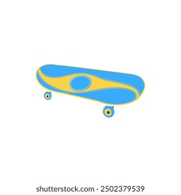 Skateboard or longboard bright print blue and yellow colors. Cartoon skateboard cool design. Vector flat illustration isolated on white. Street urban recreation equipment, extreme sport activity