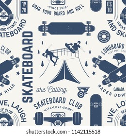 Skateboard and longboard club seamless pattern or background. Vector illustration. Retro typography design with skateboarder, helmet, skateboard silhouette. Extreme sport.