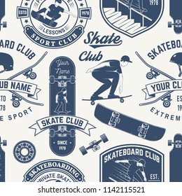 Skateboard and longboard club seamless pattern or background. Vector illustration. Retro typography design with skateboarder, helmet, skateboard silhouette. Extreme sport.