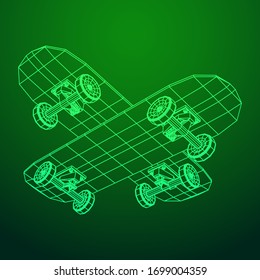 Skateboard longboard pennyboard. Eco alternative city transport. Wireframe low poly mesh vector illustration.