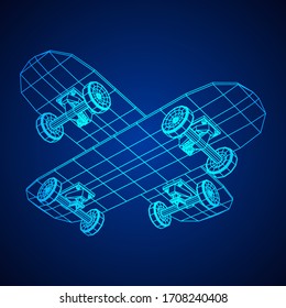 Skateboard longboard pennyboard. Eco alternative city transport. Wireframe low poly mesh vector illustration.