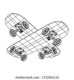 Skateboard longboard pennyboard. Eco alternative city transport. Wireframe low poly mesh vector illustration.