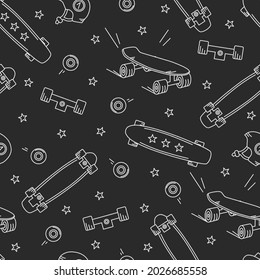 Skateboard and longboards are a seamless pattern. A white outline on a dark background. Print on clothes. Vector illustration.