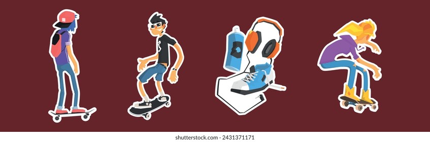 Skateboard Modern Colorful Sticker as Active Street Sport Vector Set