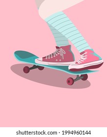 Skateboard Neon Vector. Retro quad skateboard neon, modern trend design. Sport background. Vector illustration. Girl in socks. Template for card, poster, banner, label, print.