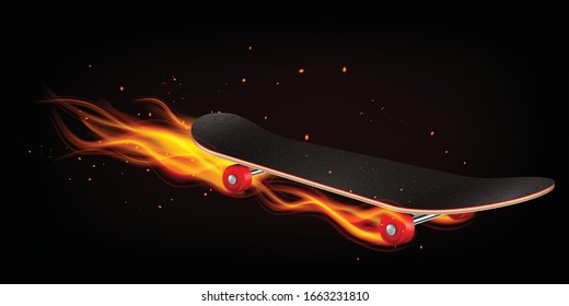 Skateboard on fire at dark background with sparks demonstrated effect of fast motion  realistic vector illustration