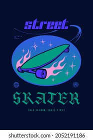 Skateboard on fire flying through the stars. Street skater 90s style street fashion vintage t-shirt print vector illustration.