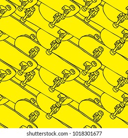 skateboard in outline style hand drawing vector illustration seamless pattern isolated in yellow background