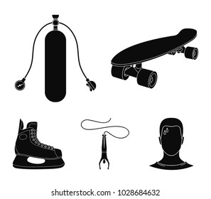 Skateboard, oxygen tank for diving, jumping, hockey skate.Extreme sport set collection icons in black style vector symbol stock illustration web.