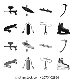 Skateboard, oxygen tank for diving, jumping, hockey skate.Extreme sport set collection icons in black,monochrome style vector symbol stock illustration web.