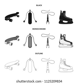 Skateboard, oxygen tank for diving, jumping, hockey skate.Extreme sport set collection icons in black, monochrome, outline style vector symbol stock illustration web.