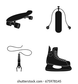 Skateboard, oxygen tank for diving, jumping, hockey skate.Extreme sport set collection icons in black style vector symbol stock illustration web.