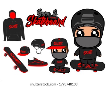Estilo vectorial de la caricatura del paquete de skateboard