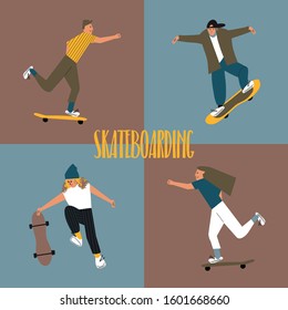 Skateboard park. Young people make a training outdoors. Extreme sport. Girls and boys ride skateboards. Leisure activities. Urban culture. Flat vector illustration.