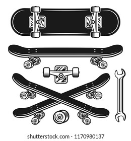 Skateboard parts set of vector objects and design elements in vintage monochrome style isolated on white background