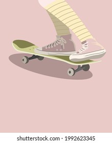 Skateboard pastel colors Vector. Retro quad skateboard pastel colors, modern trend design. Sport background. Vector illustration. Girl in socks. Template for card, poster, banner, label, print.