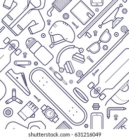 Skateboard pattern with equipment and accessories in thin line style. Urban lifestyle and skateboarding seamless background with skate board gear and riding clothes in outline design.